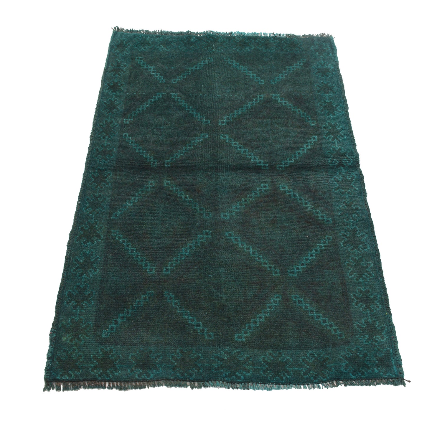 Overdyed Area Rug Handmade Blue Geometric 2x4 ft