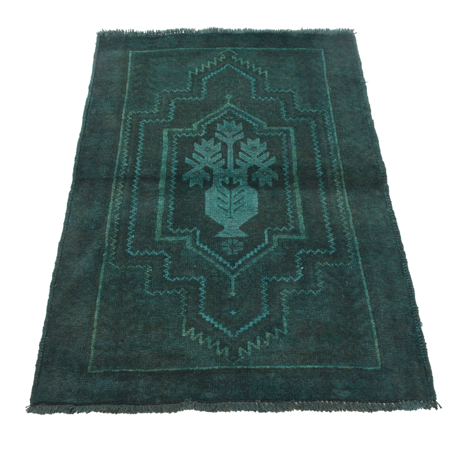 Overdyed Area Rug Handmade Blue Geometric 2x4 ft