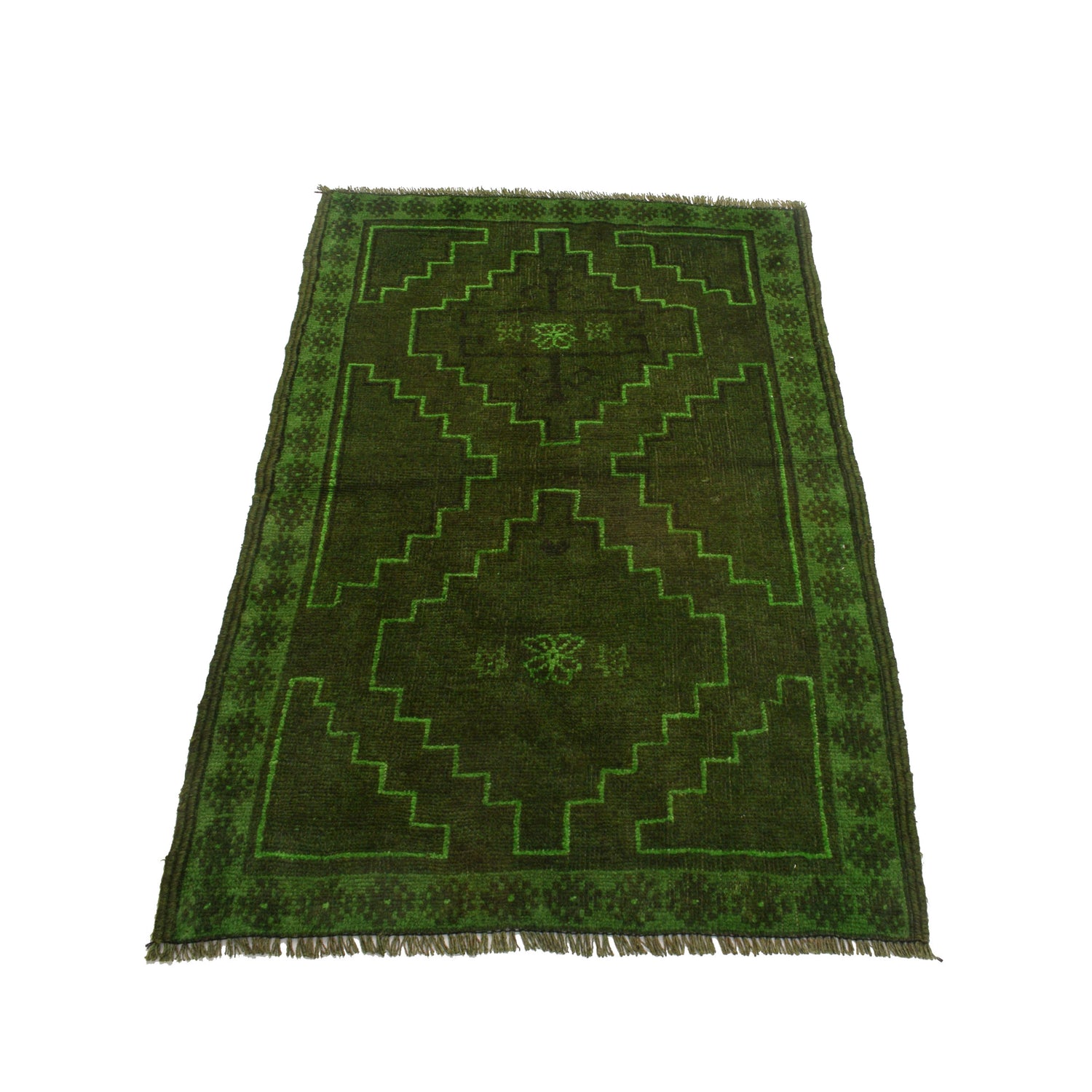 Overdyed Area Rug Handmade Green Geometric 2x4 ft