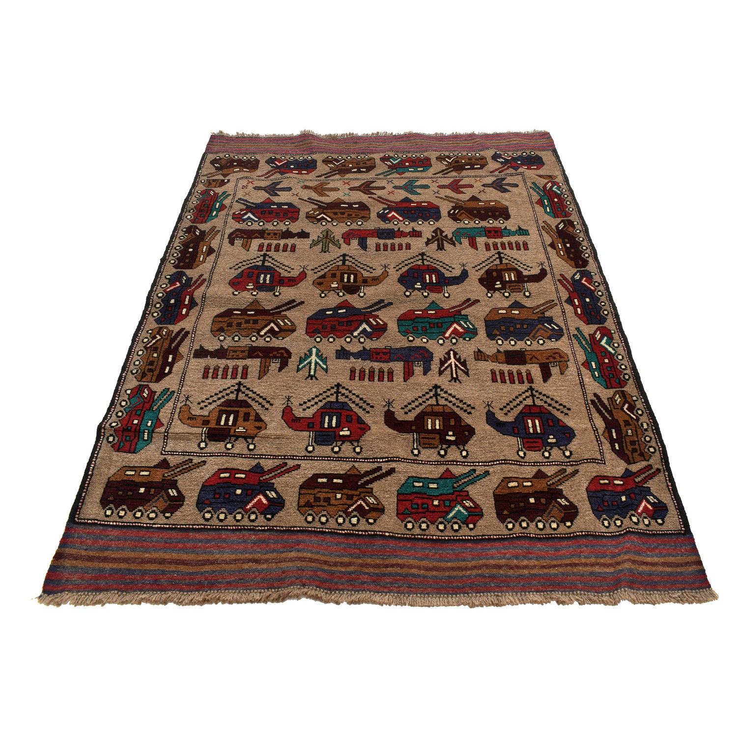 War Area Rug Handmade Brown Tank + Helicopter 4x6 ft
