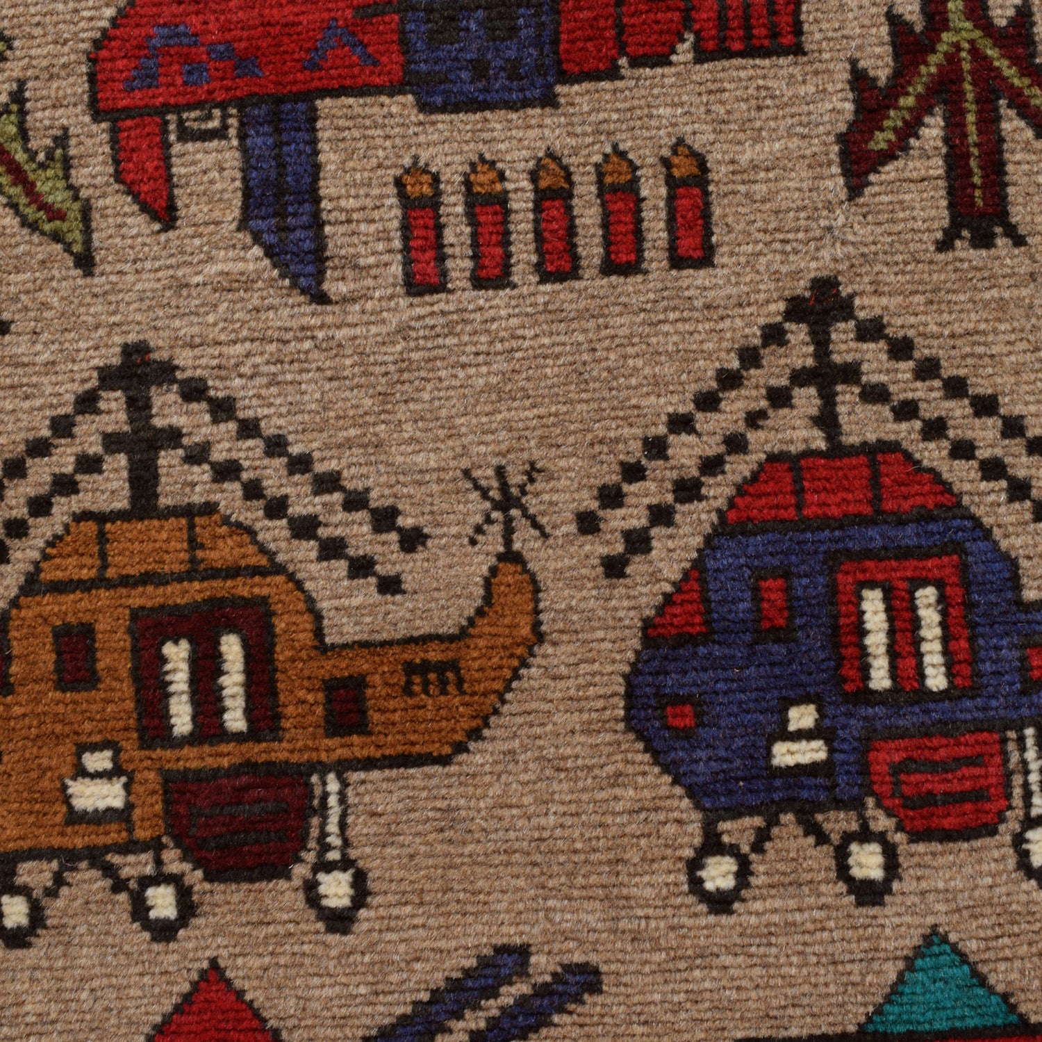 War Area Rug Handmade Brown Tank + Helicopter 4x6 ft