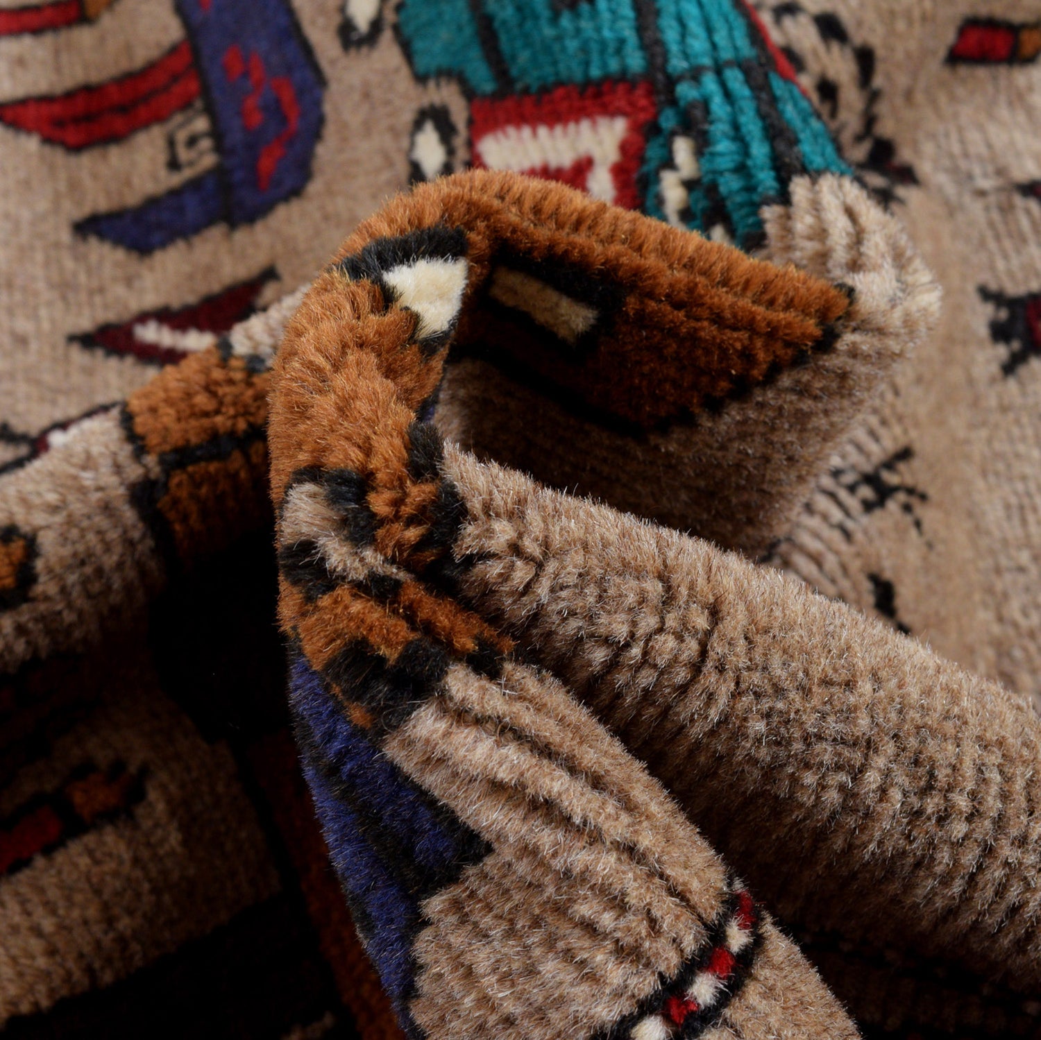 War Area Rug Handmade Brown Tank + Helicopter 4x6 ft