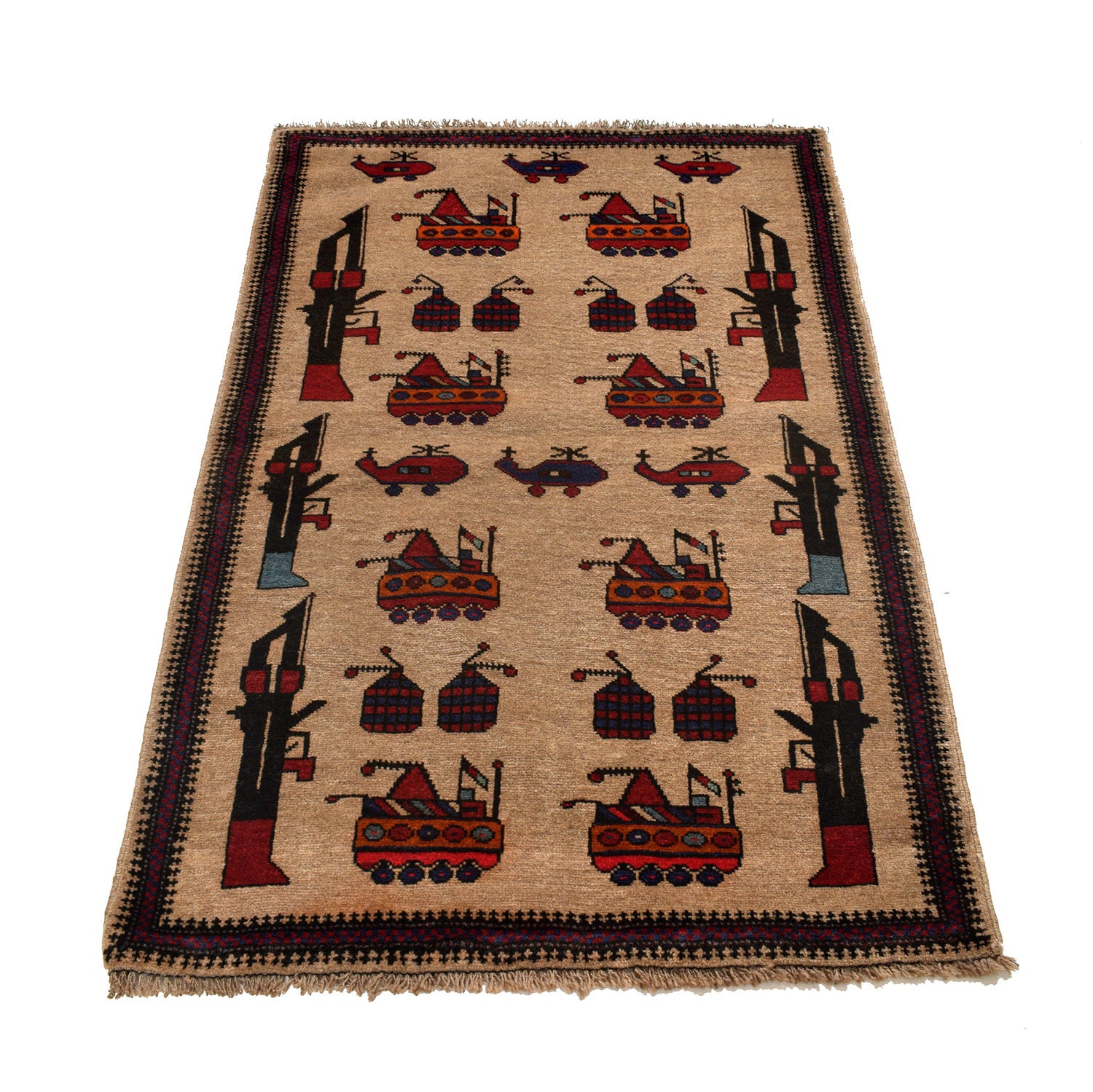 War Area Rug Handmade Brown Tank + Riffle + Helicopter 3x5