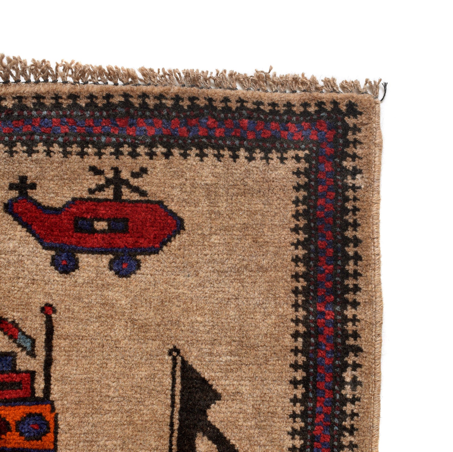 War Area Rug Handmade Brown Tank + Riffle + Helicopter 3x5