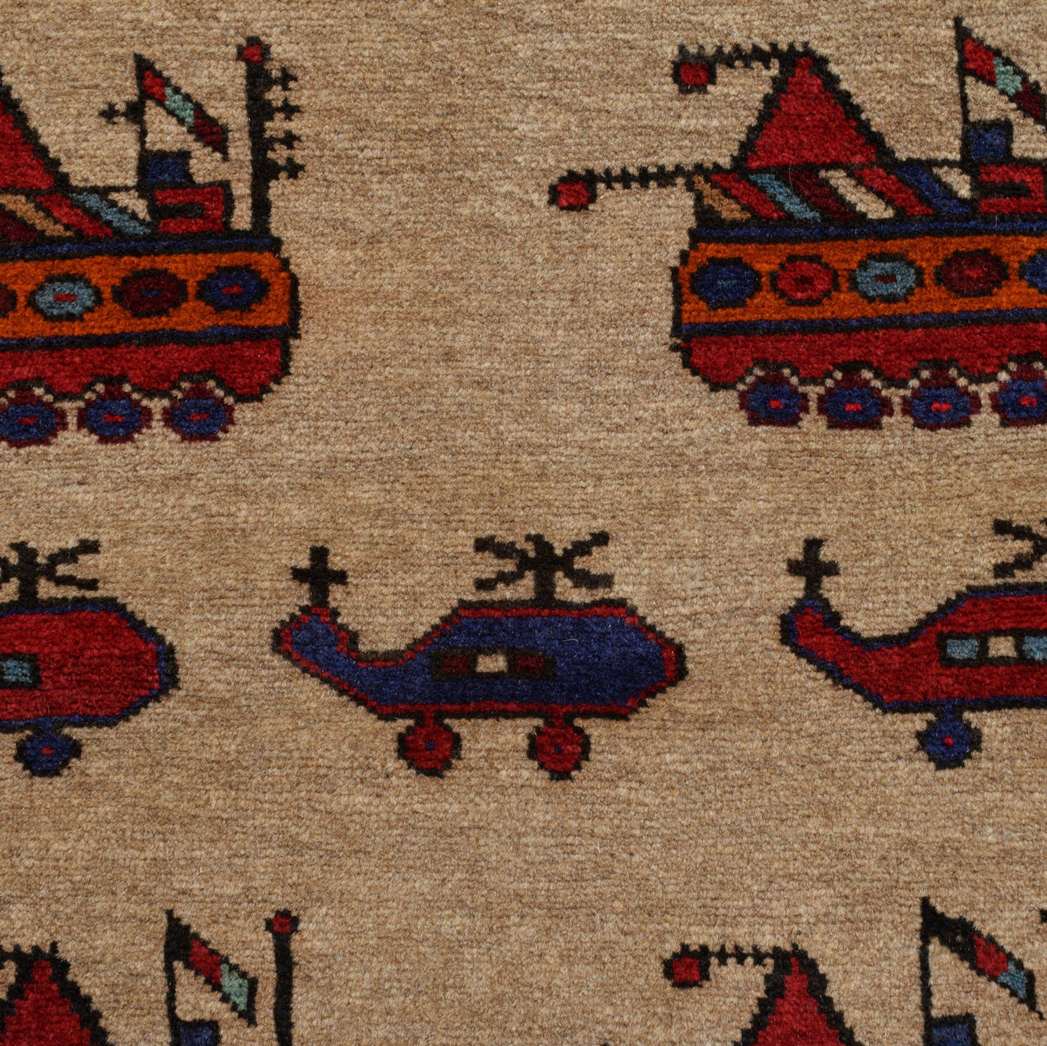 War Area Rug Handmade Brown Tank + Riffle + Helicopter 3x5