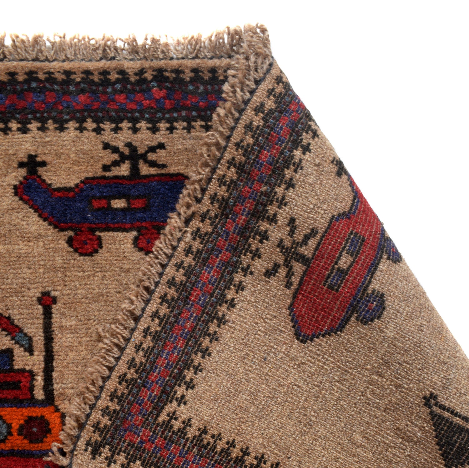 War Area Rug Handmade Brown Tank + Riffle + Helicopter 3x5