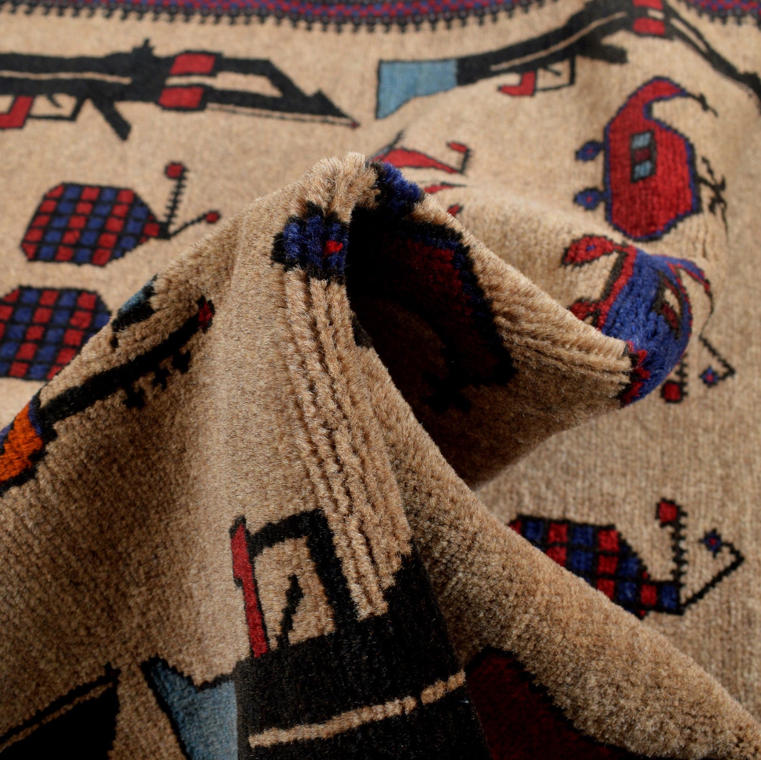 War Area Rug Handmade Brown Tank + Riffle + Helicopter 3x5