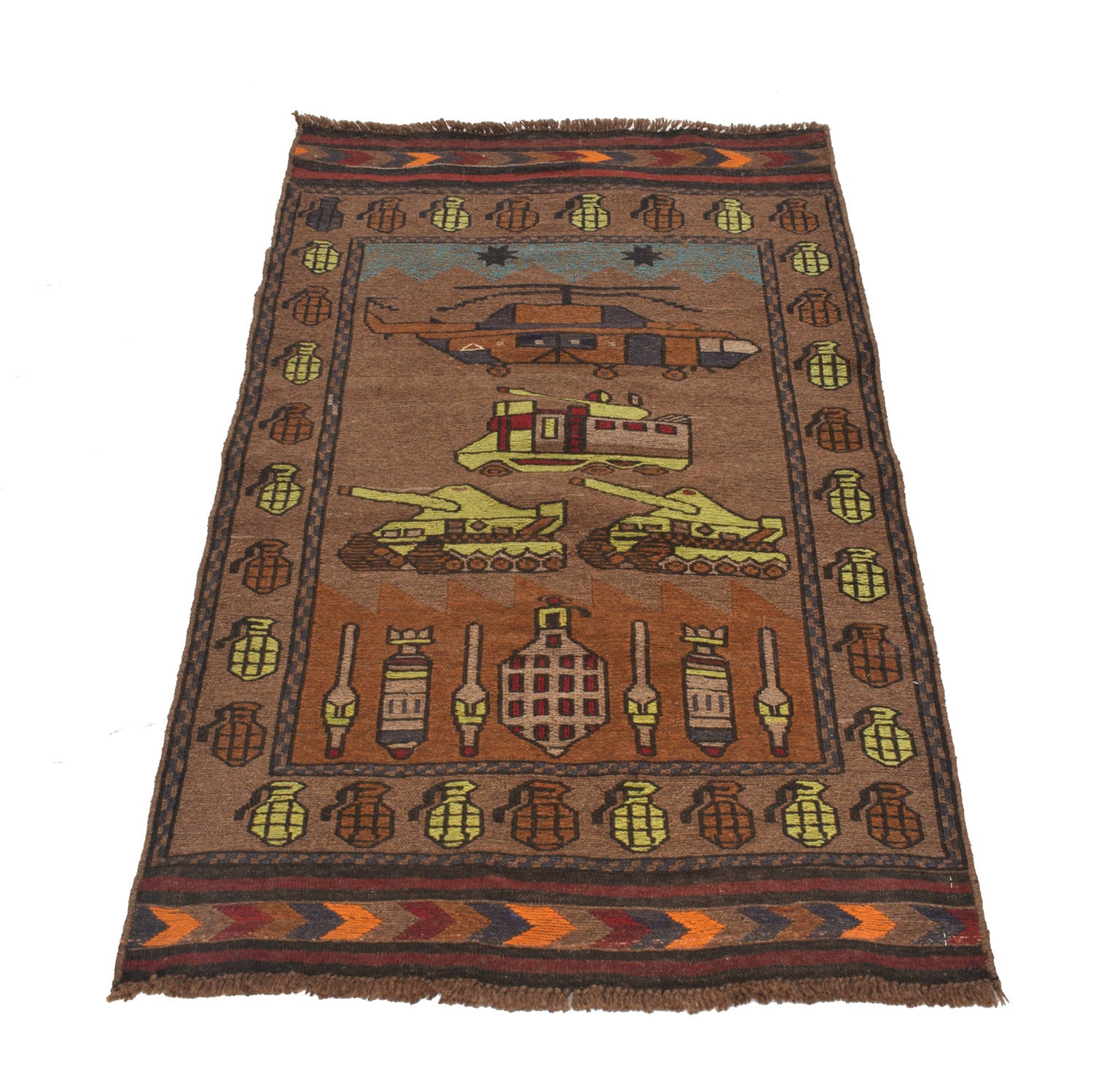 War Area Rug Handmade Brown Tank + Helicopter 3x5 ft