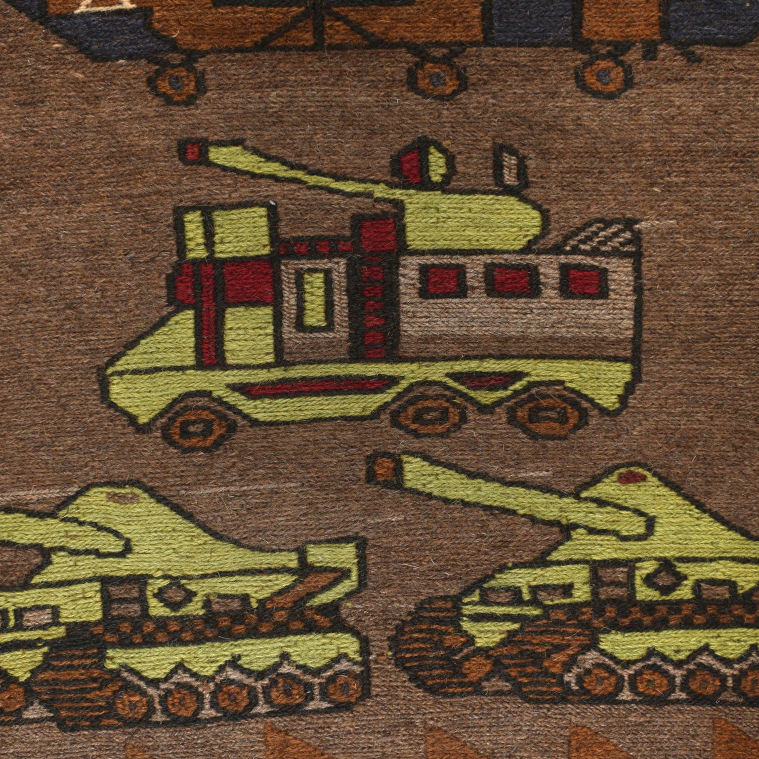 War Area Rug Handmade Brown Tank + Helicopter 3x5 ft