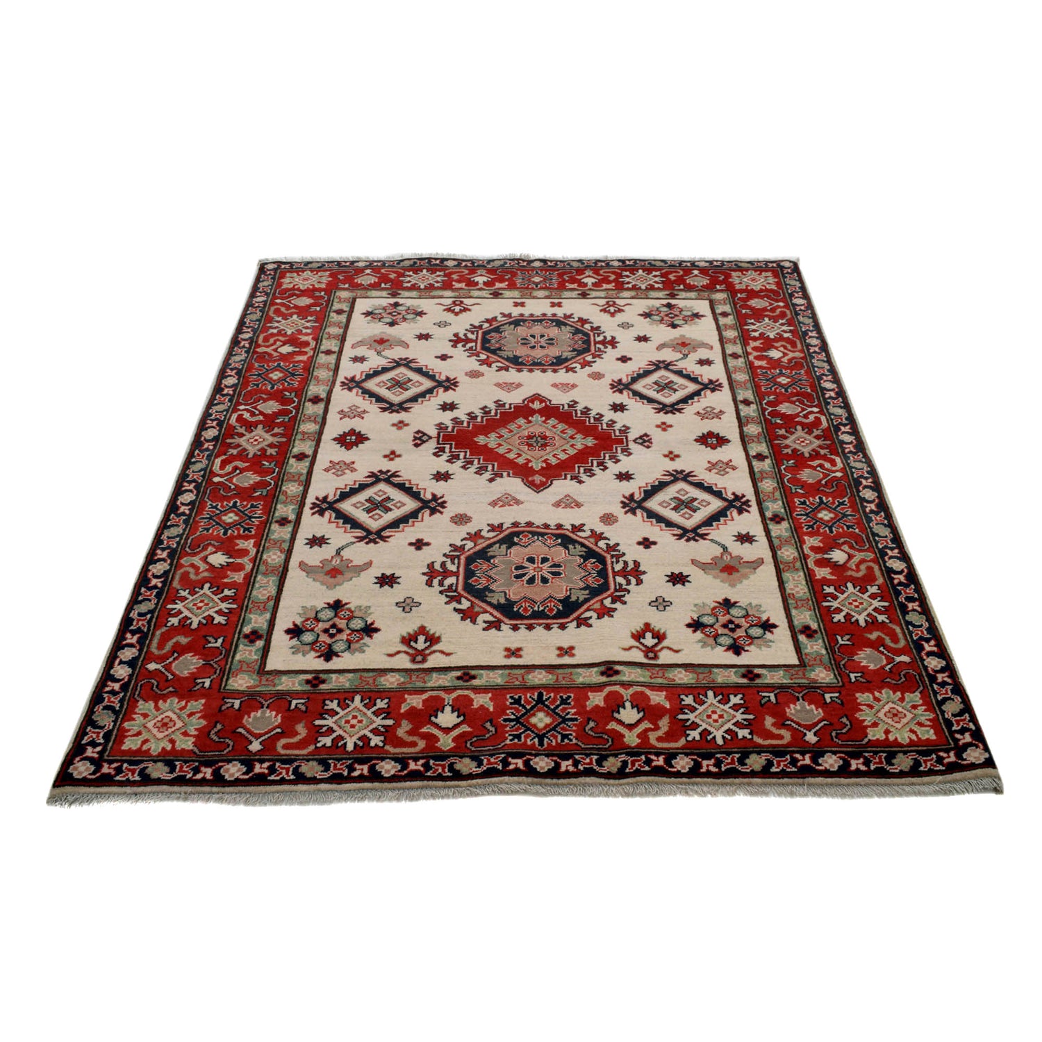 Kazak Rug Handmade Ivory Medallion 4x7 ft