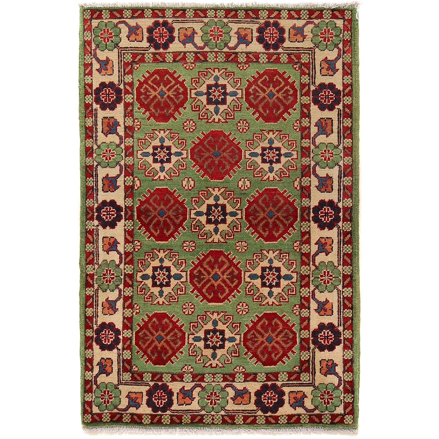Kazak Rug Handmade Green Medallion 2x4 ft