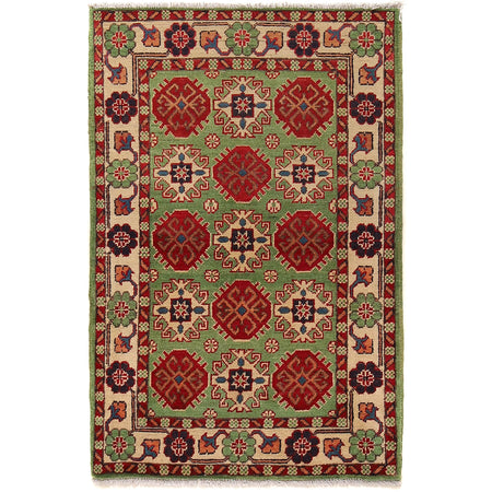 Kazak Rug Handmade Green Medallion 2x4 ft