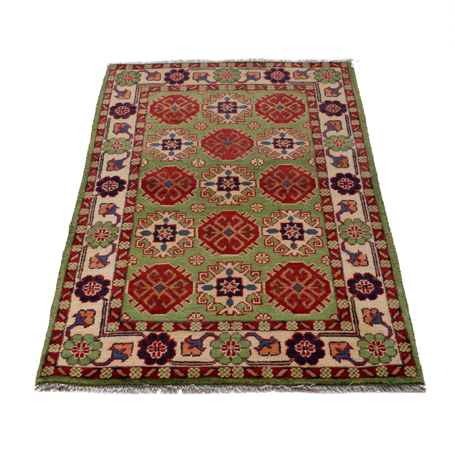 Kazak Rug Handmade Green Medallion 2x4 ft