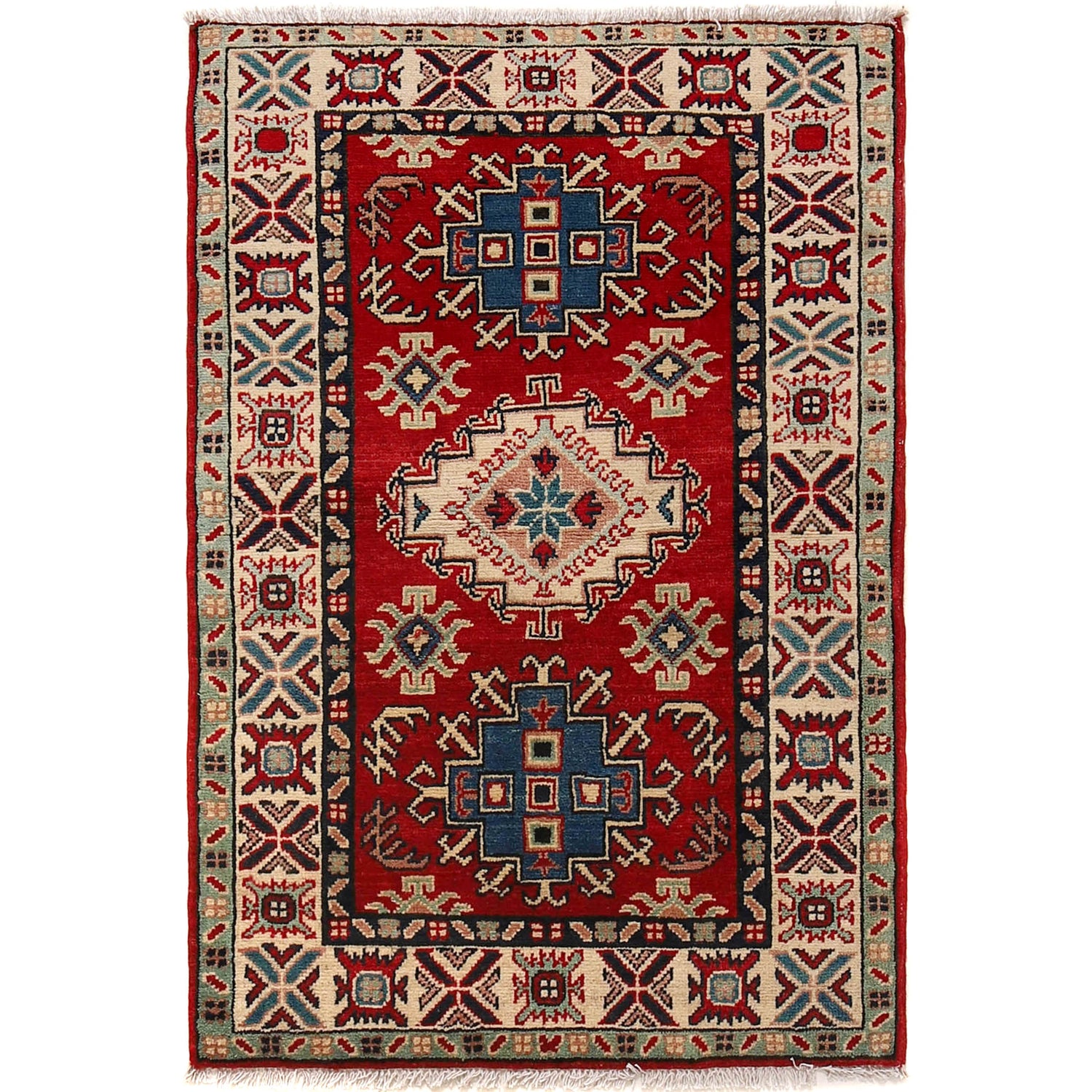 Kazak Rug Handmade Red Medallion 2x4 ft