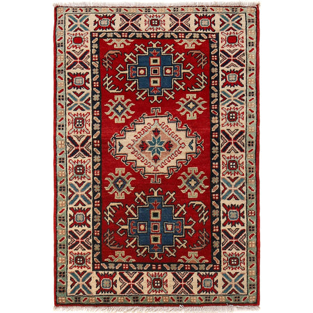 Kazak Rug Handmade Red Medallion 2x4 ft