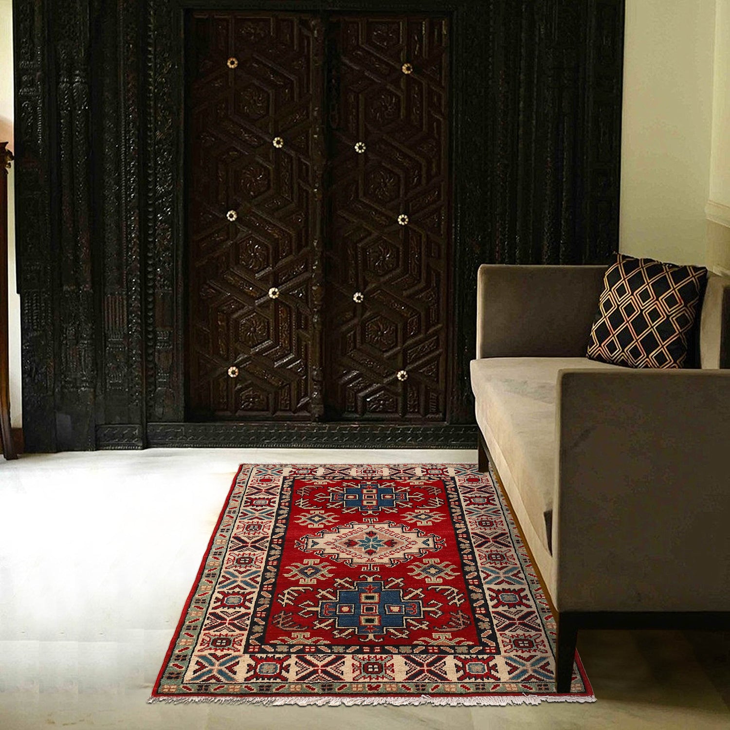 Kazak Rug Handmade Red Medallion 2x4 ft