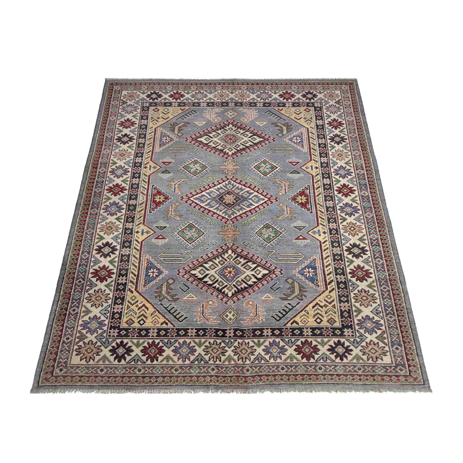 Kazak Rug Handmade Gray Medallion 4x7 ft