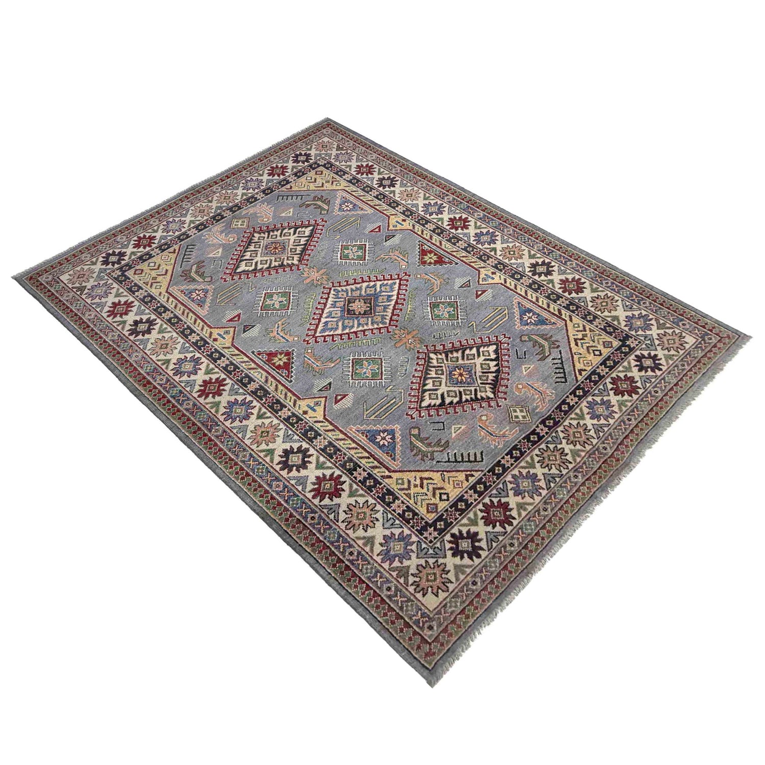 Kazak Rug Handmade Gray Medallion 4x7 ft