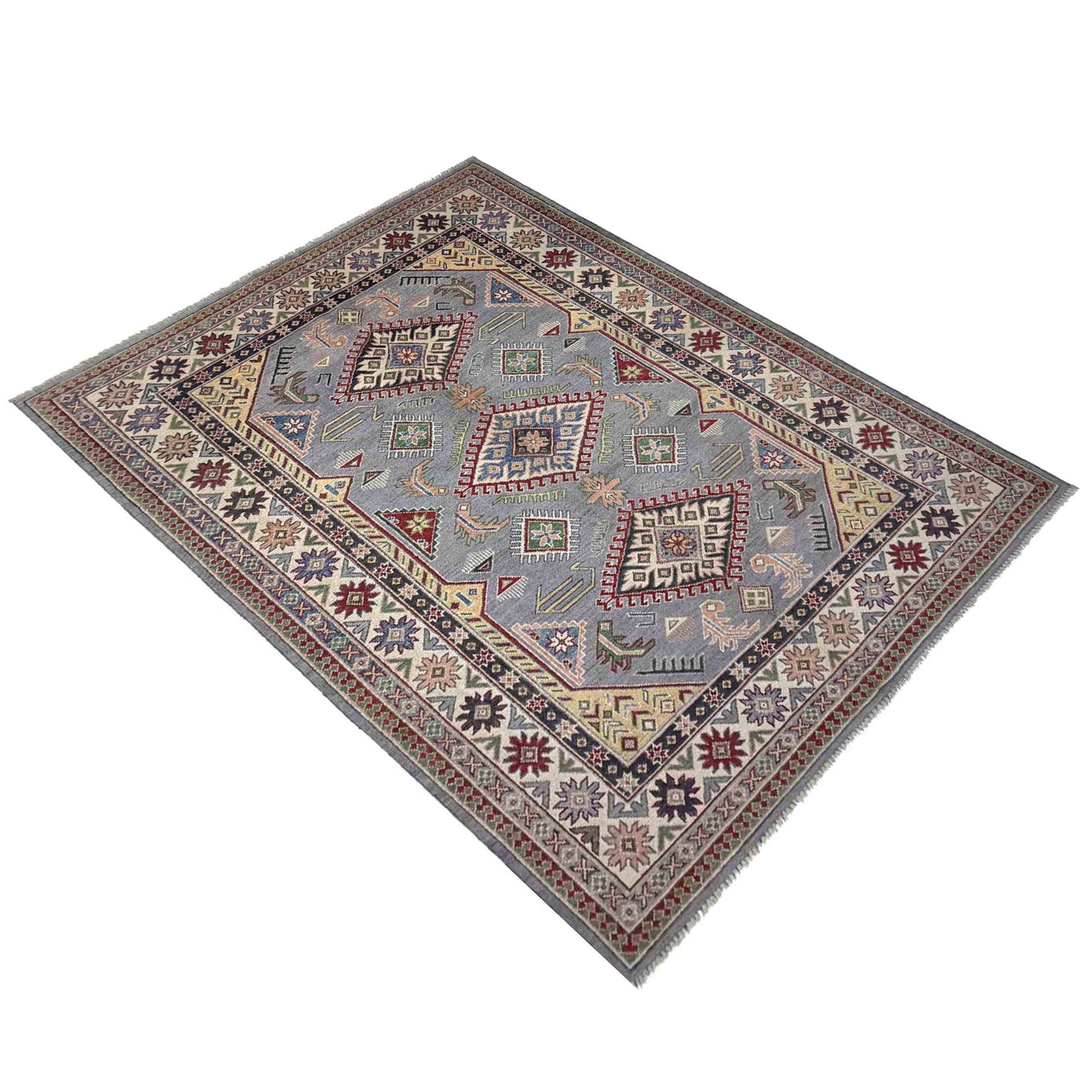 Kazak Rug Handmade Gray Medallion 4x7 ft
