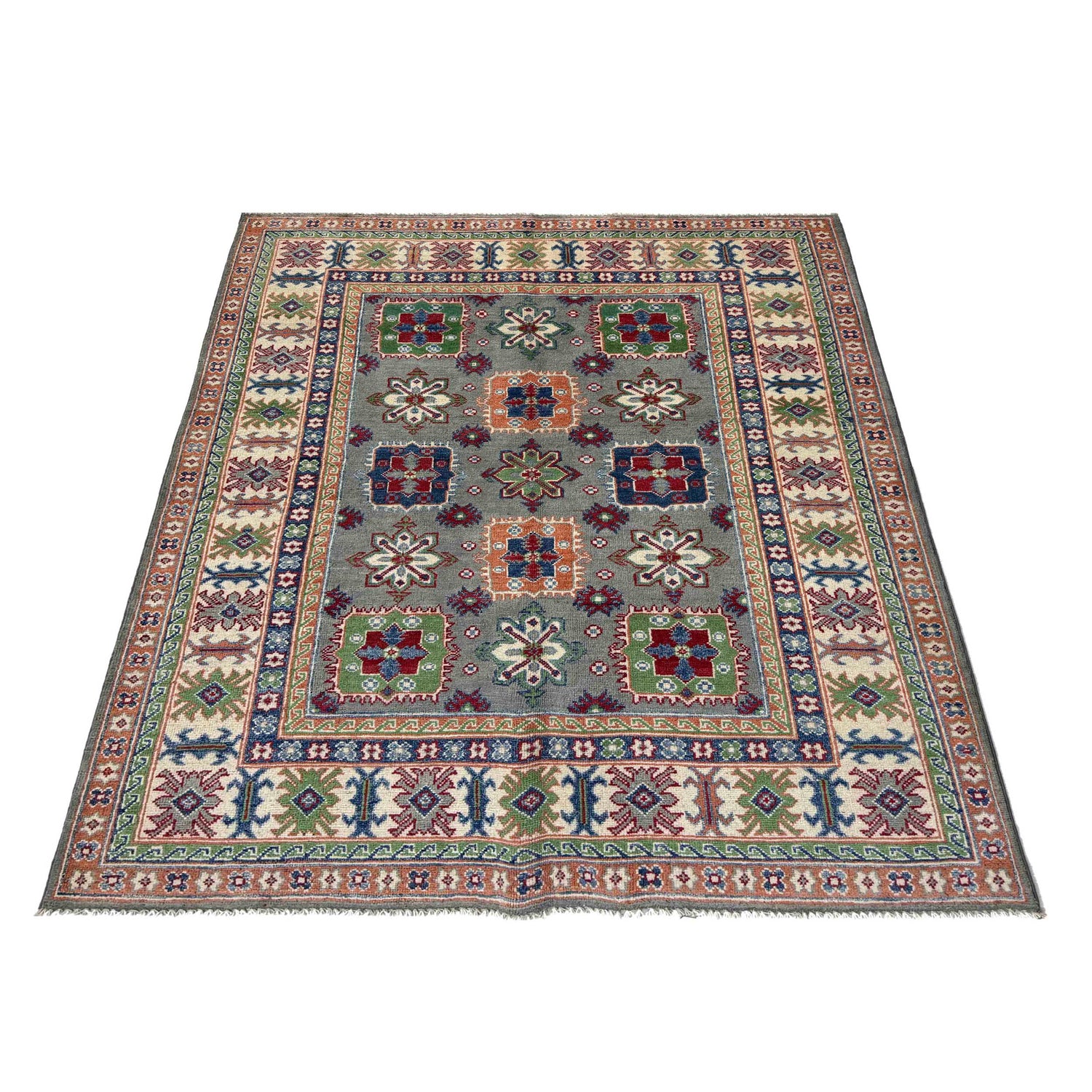 Kazak Rug Handmade Gray Medallion 4x7 ft