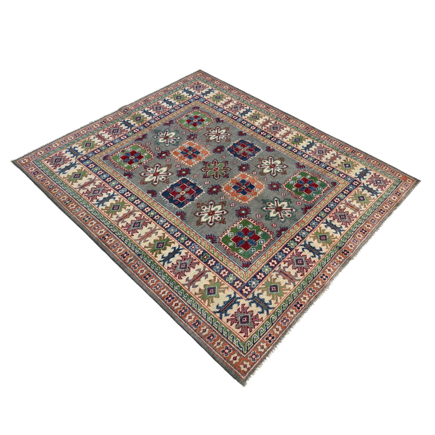 Kazak Rug Handmade Gray Medallion 4x7 ft