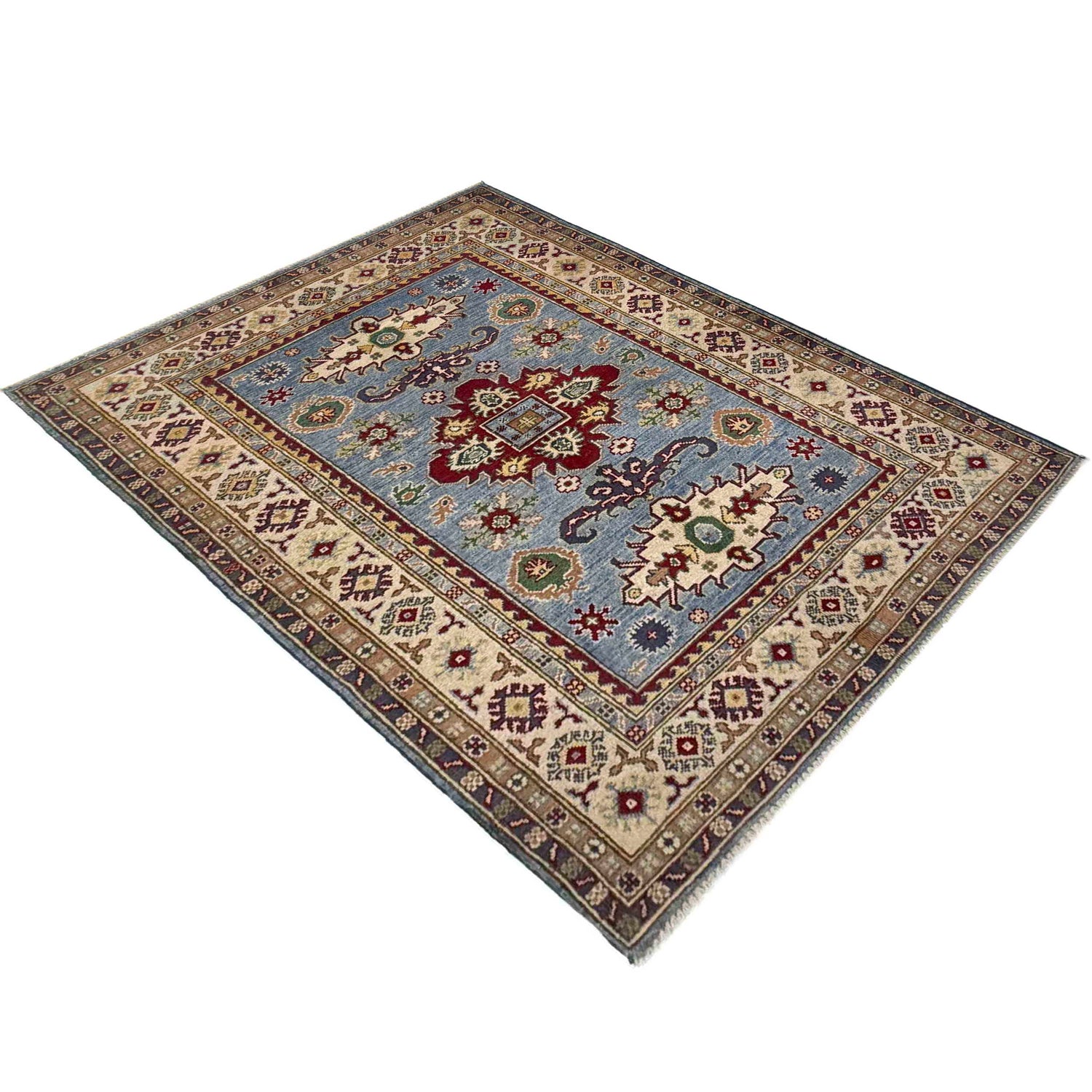 Kazak Rug Handmade Blue Medallion 4x6 ft