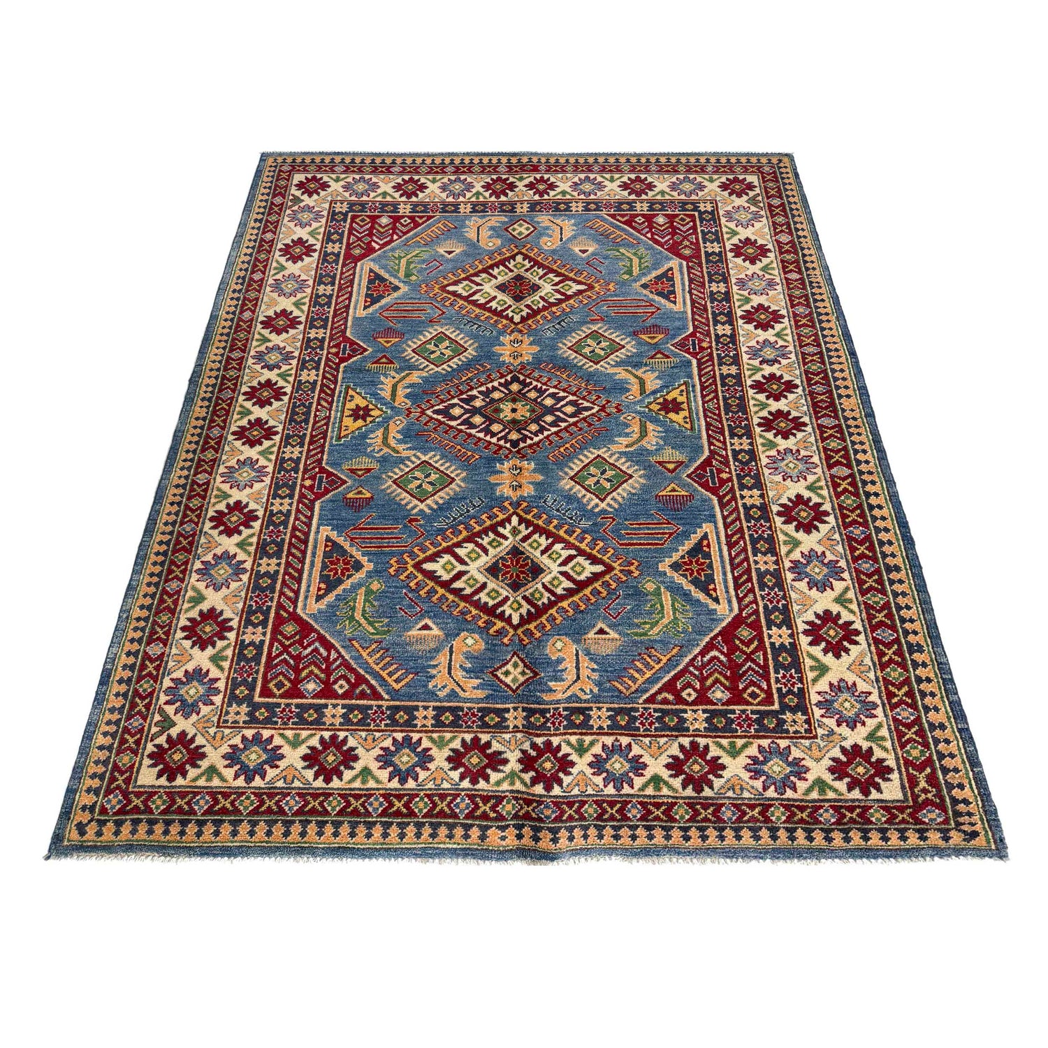 Kazak Rug Handmade Blue Medallion 4x7 ft