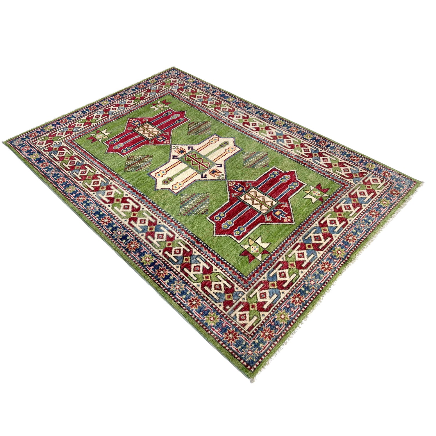 Kazak Rug Handmade Green Medallion 4x6 ft