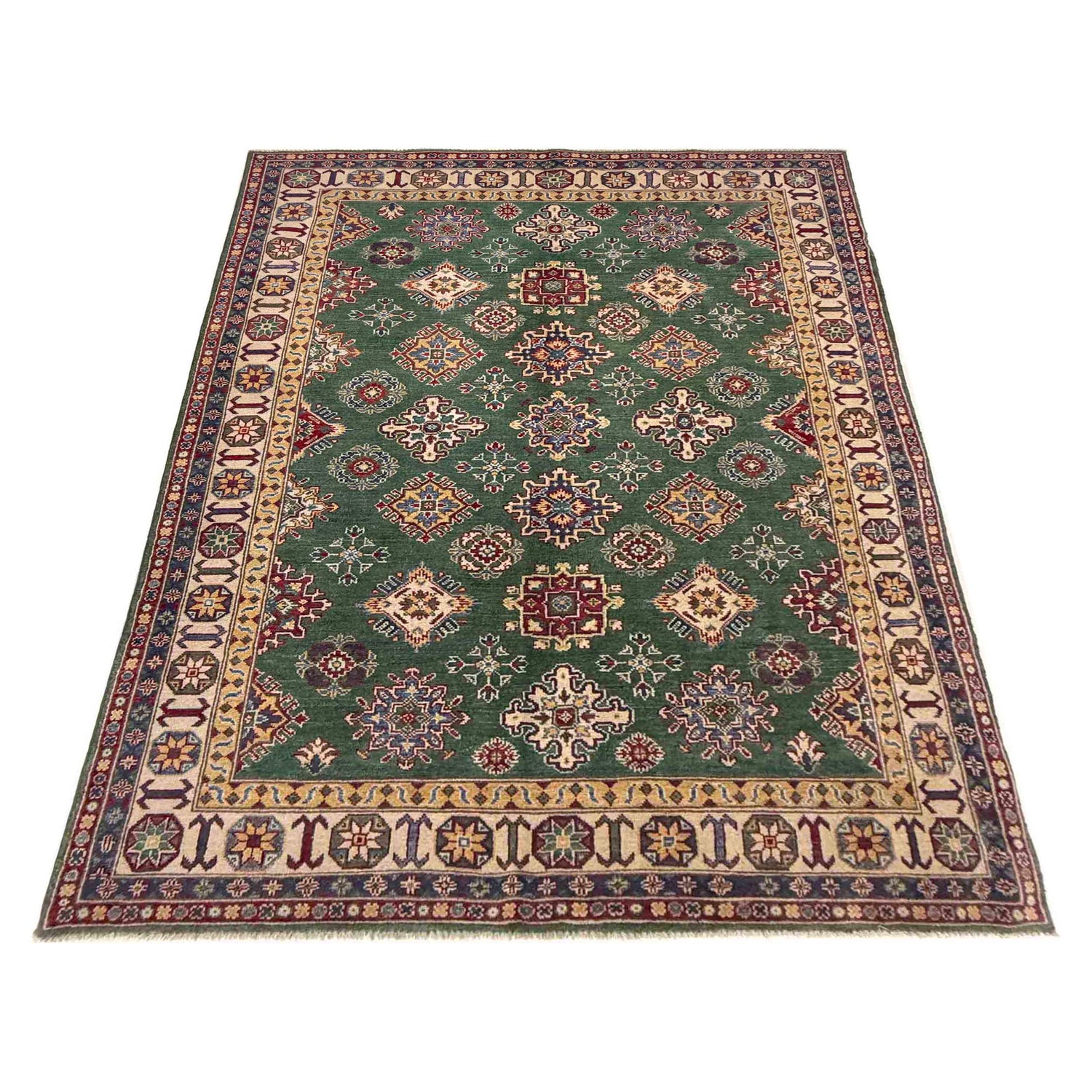 Kazak Rug Handmade Green Medallion 5x8 ft