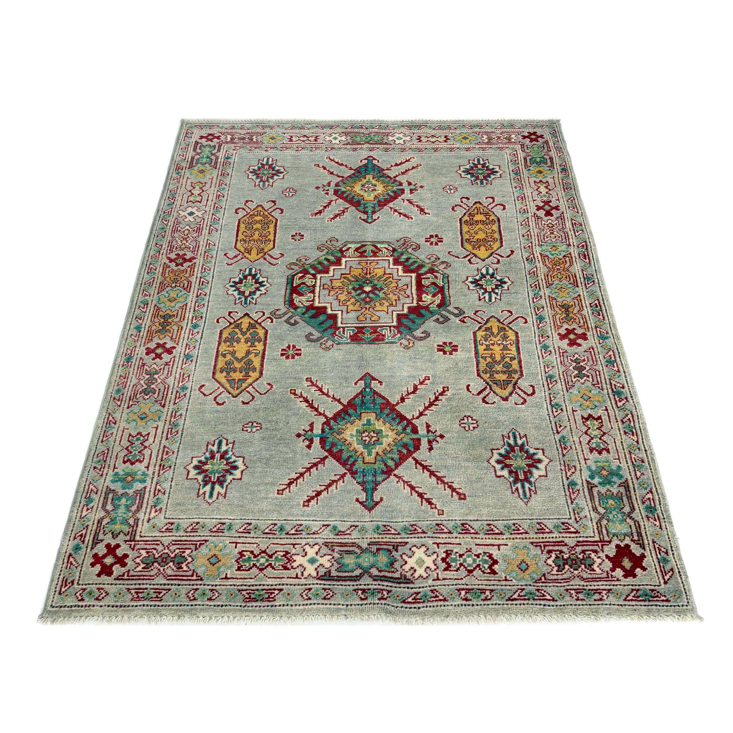Kazak Rug Handmade Gray Medallion 4x6 ft