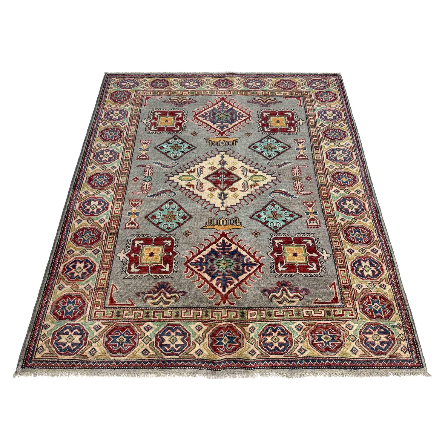 Kazak Rug Handmade Gray Medallion 4x7 ft