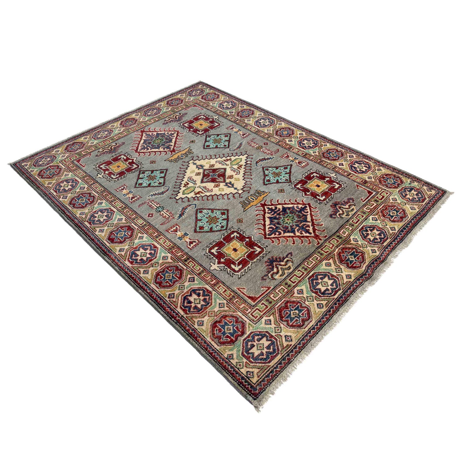 Kazak Rug Handmade Gray Medallion 4x7 ft