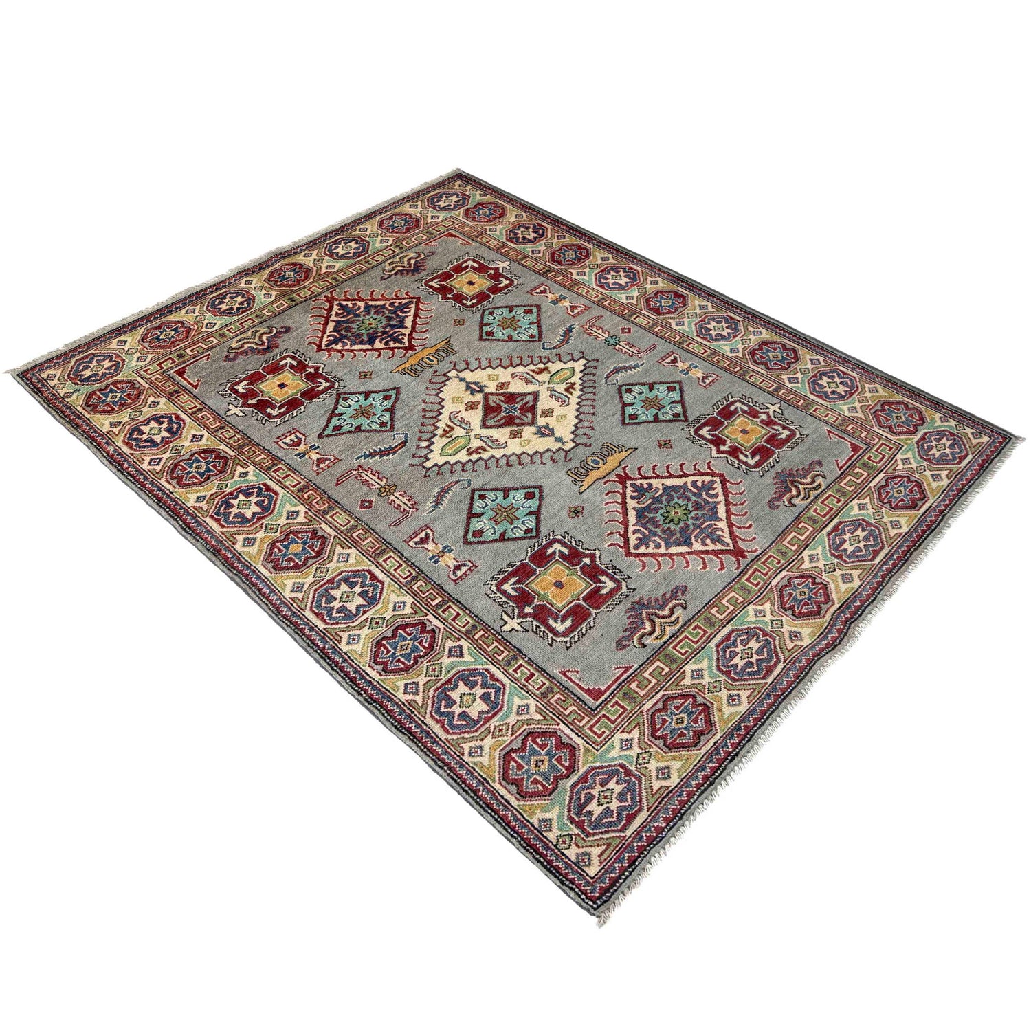 Kazak Rug Handmade Gray Medallion 4x7 ft