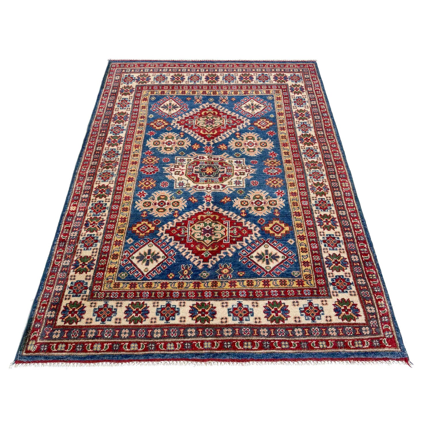 Kazak Rug Handmade Blue Medallion 4x6 ft