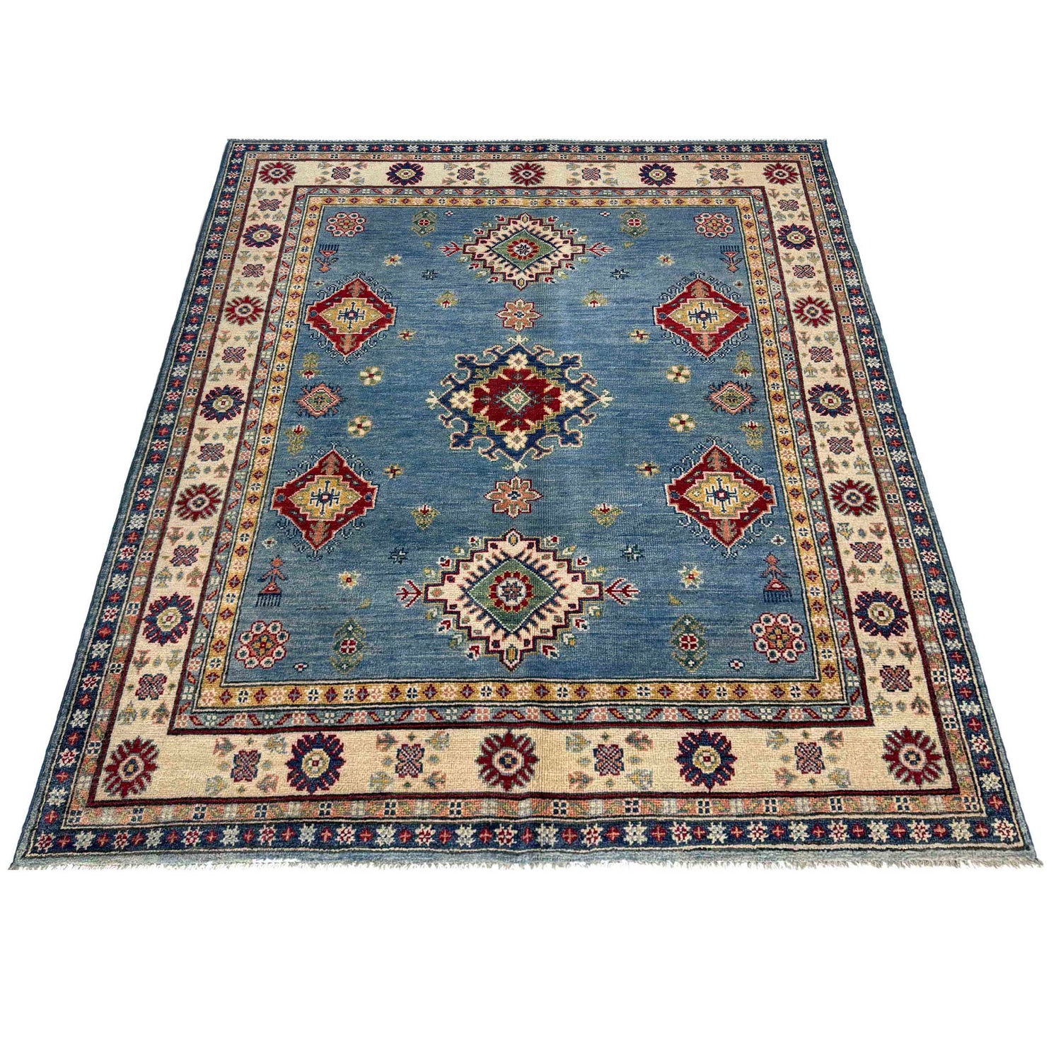 Kazak Rug Handmade Blue Medallion 4x7 ft