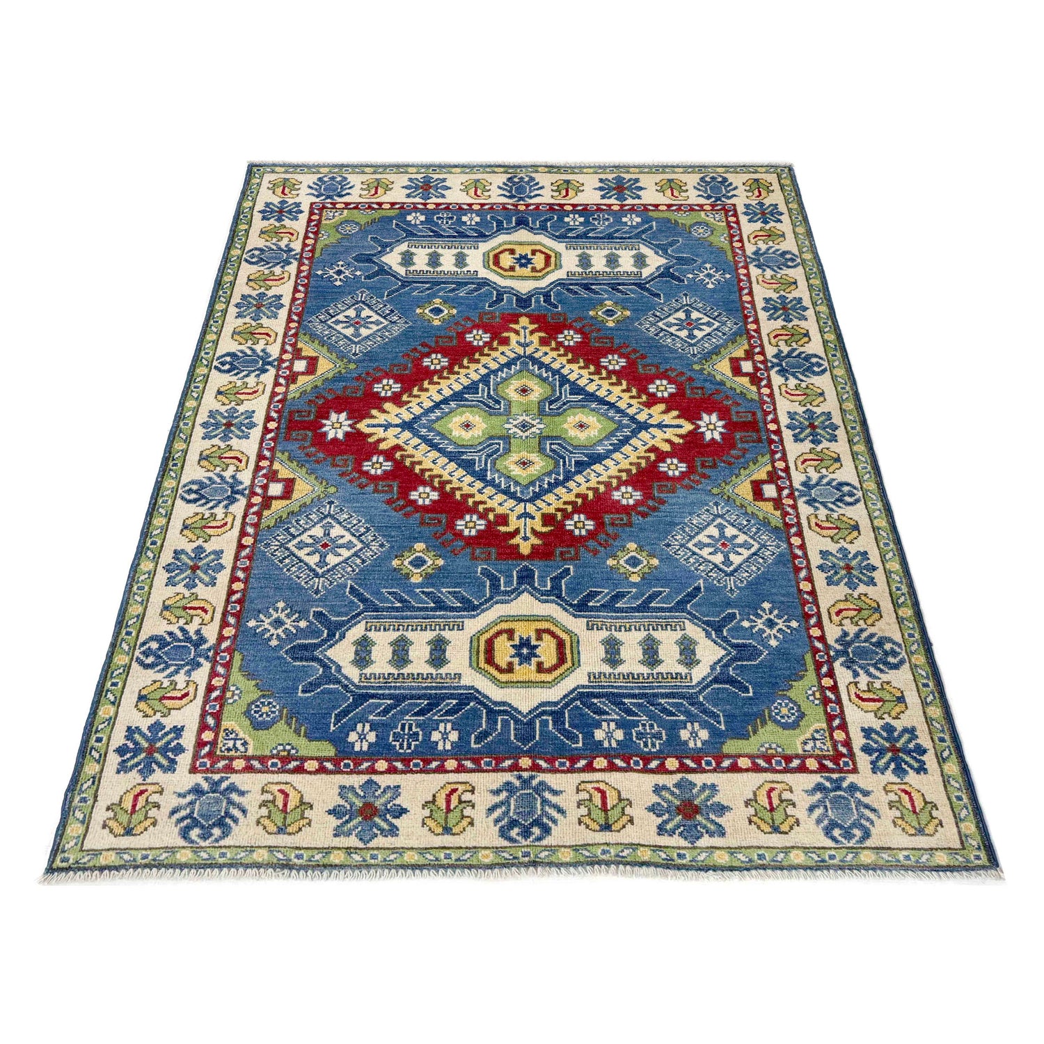 Kazak Rug Handmade Blue Medallion 4x6 ft