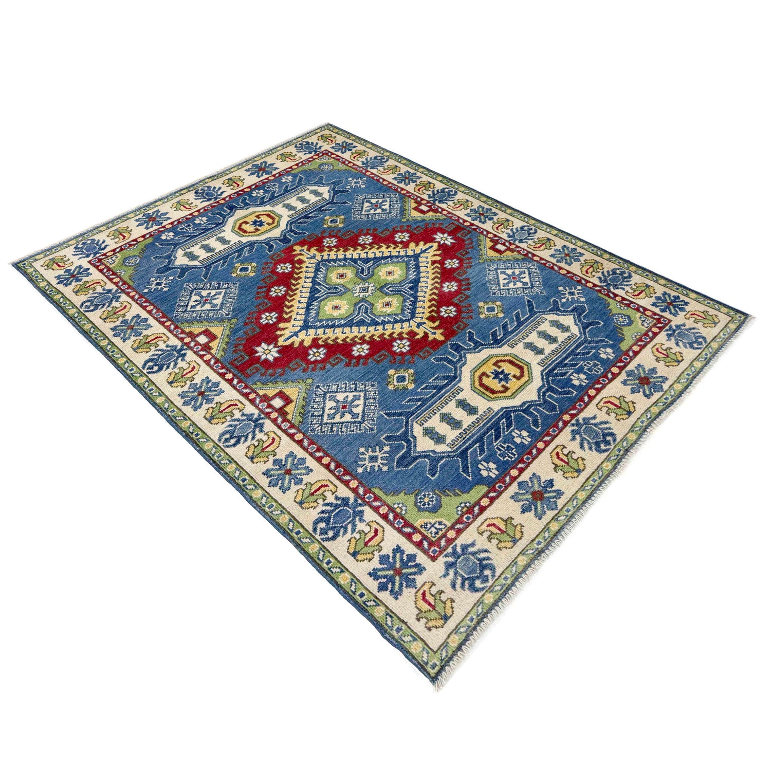 Kazak Rug Handmade Blue Medallion 4x6 ft