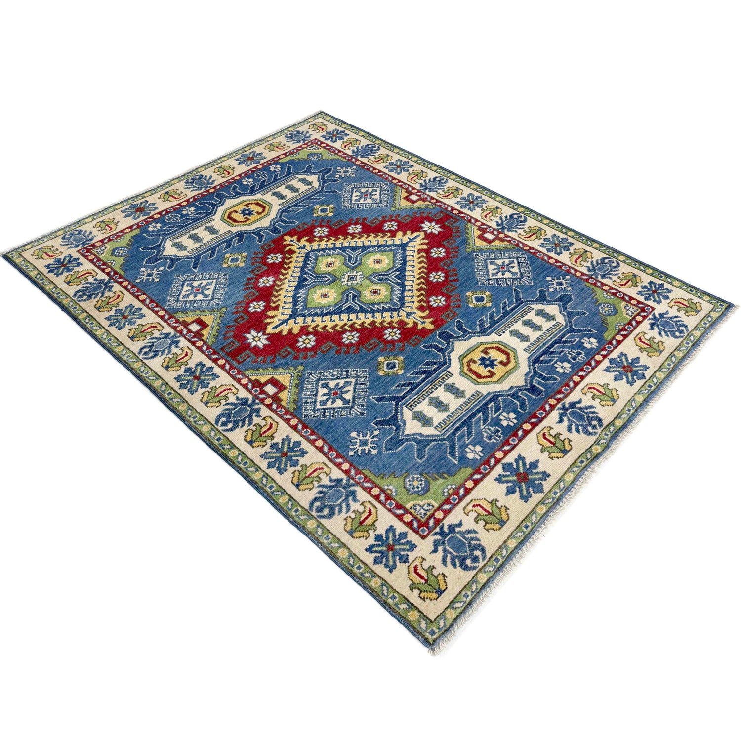 Kazak Rug Handmade Blue Medallion 4x6 ft