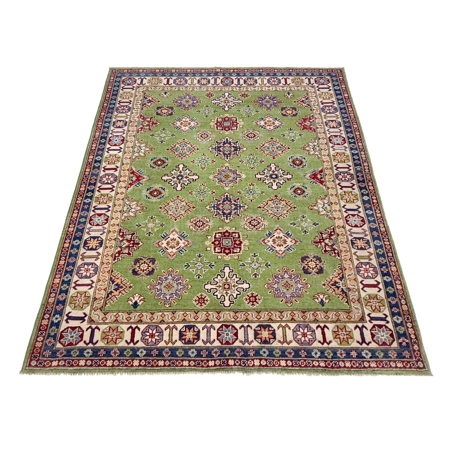 Kazak Rug Handmade Green Medallion 5x8 ft
