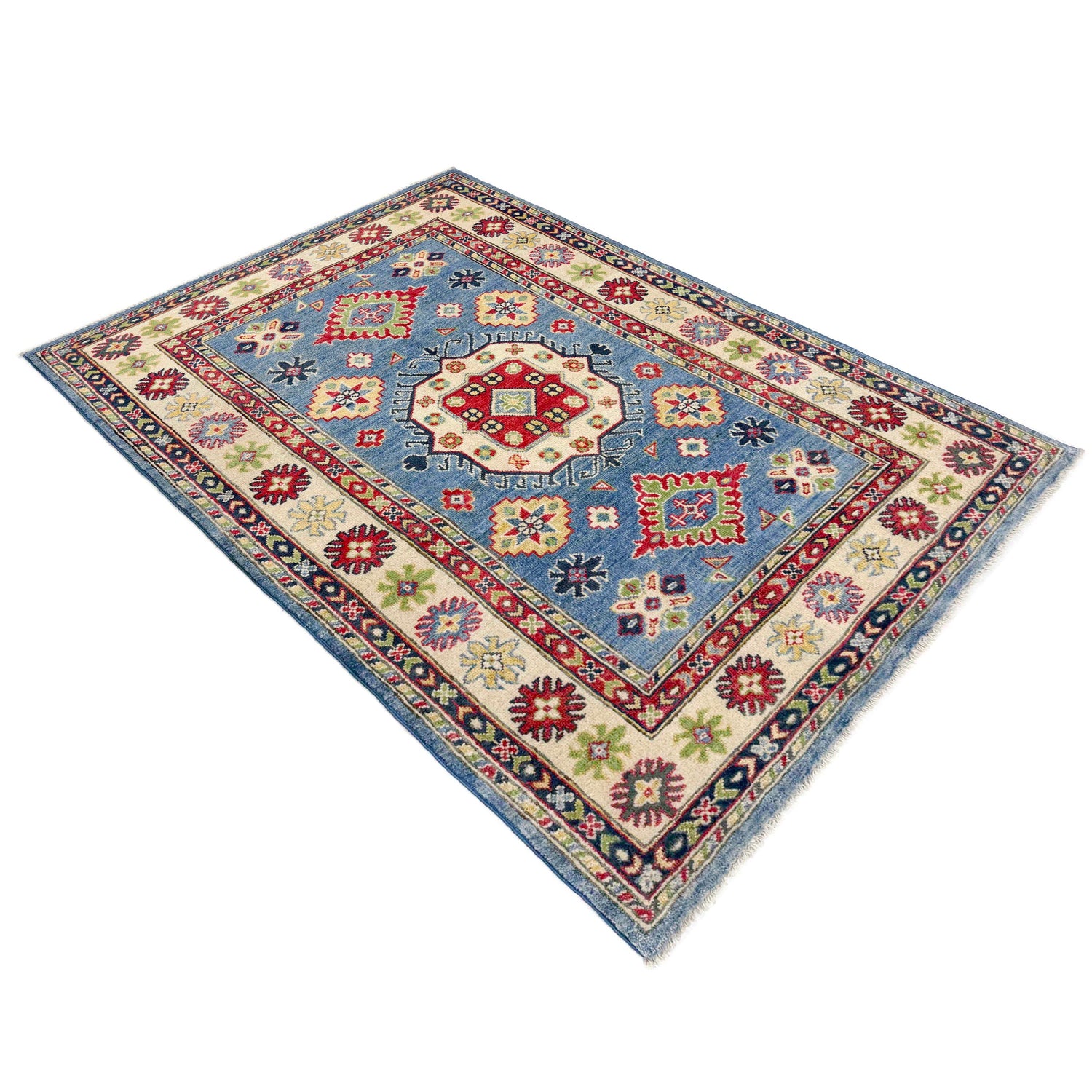 Kazak Rug Handmade Blue Medallion 4x6 ft