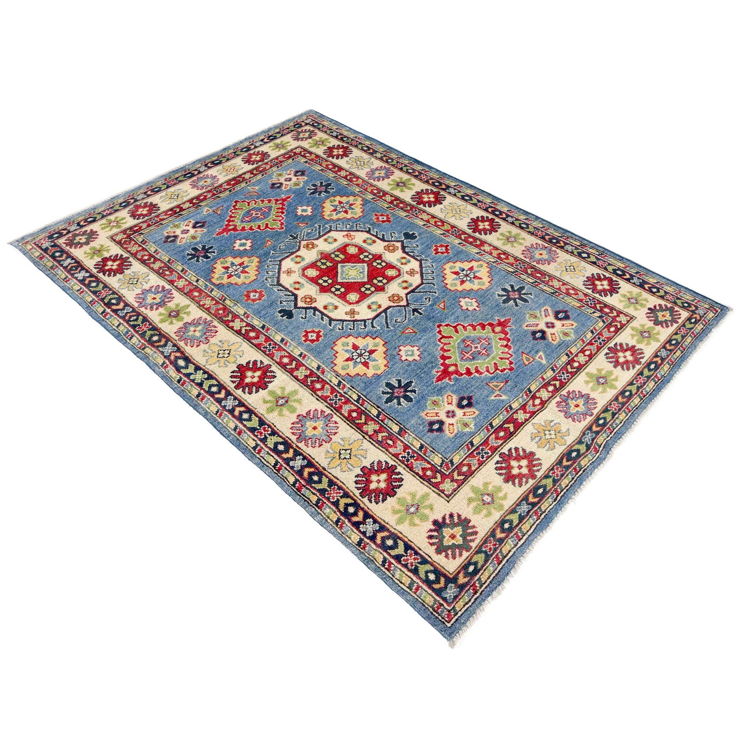 Kazak Rug Handmade Blue Medallion 4x6 ft