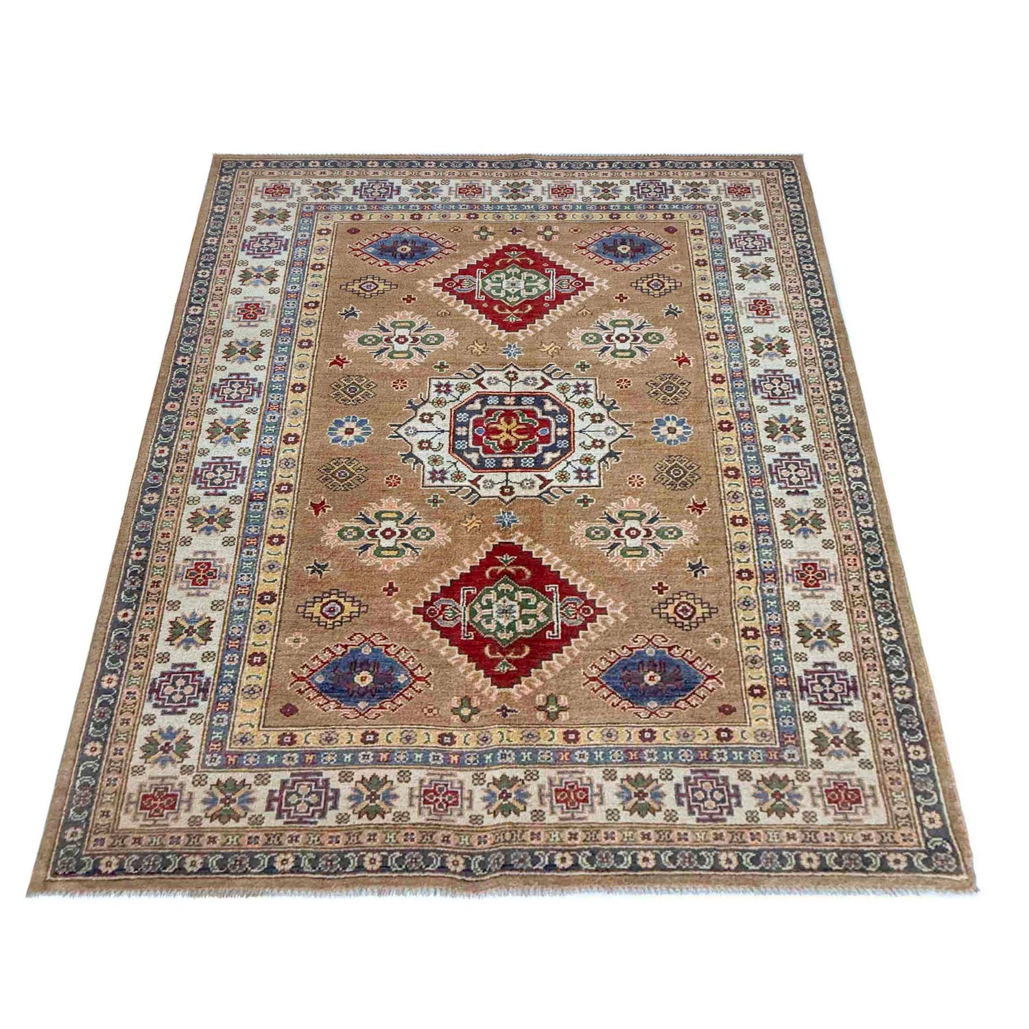 Kazak Rug Handmade Orange Medallion 4x7 ft