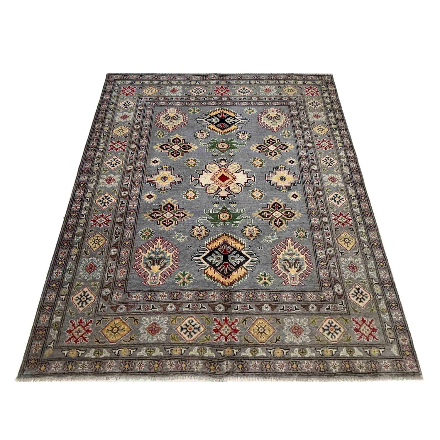 Kazak Rug Handmade Gray Medallion 4x7 ft