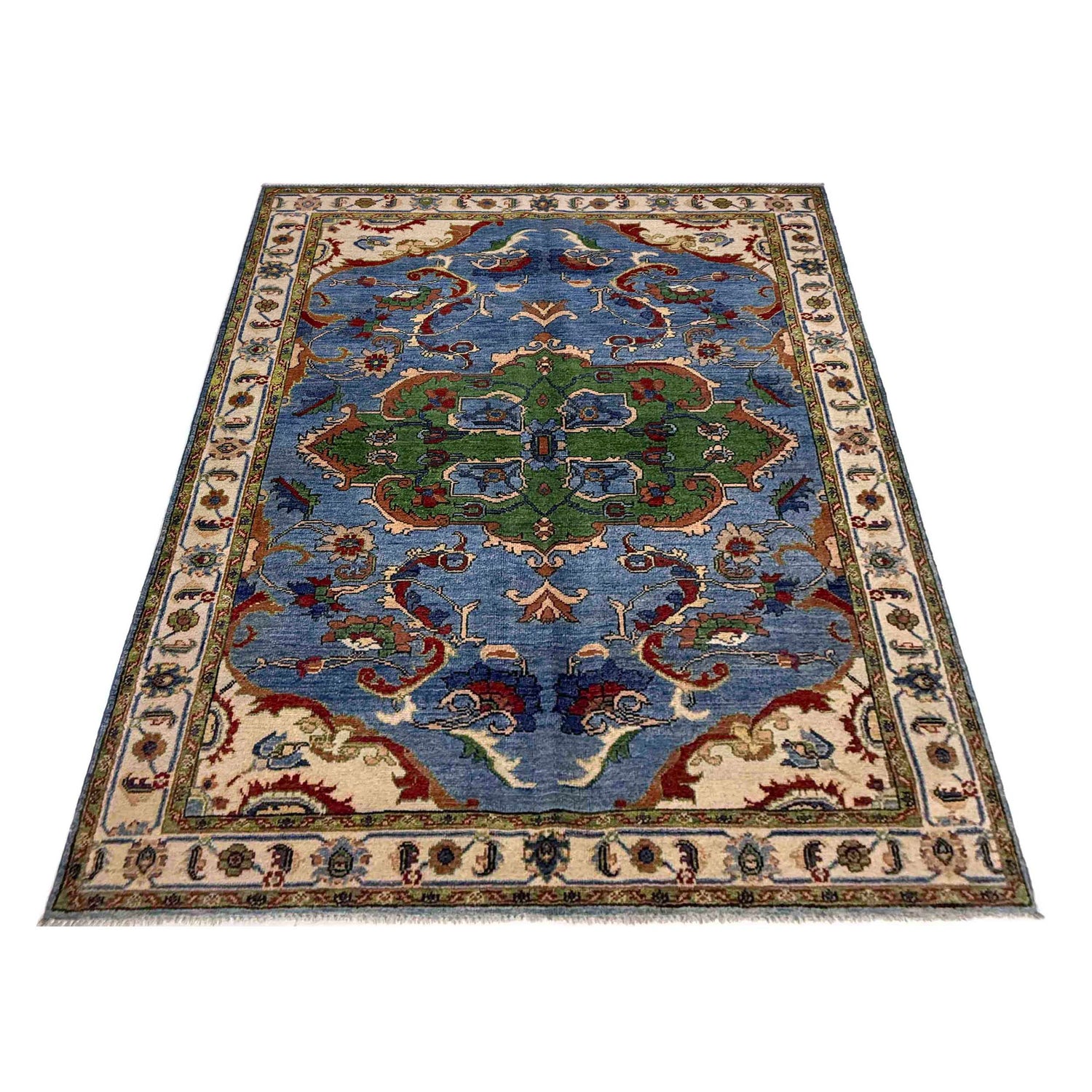 Kazak Rug Handmade Blue Medallion 4x7 ft