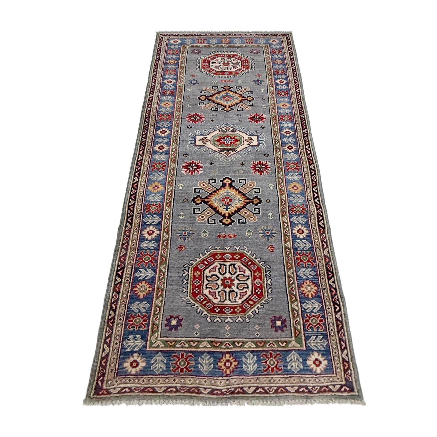 Kazak Rug Handmade Gray Medallion 8' Runner