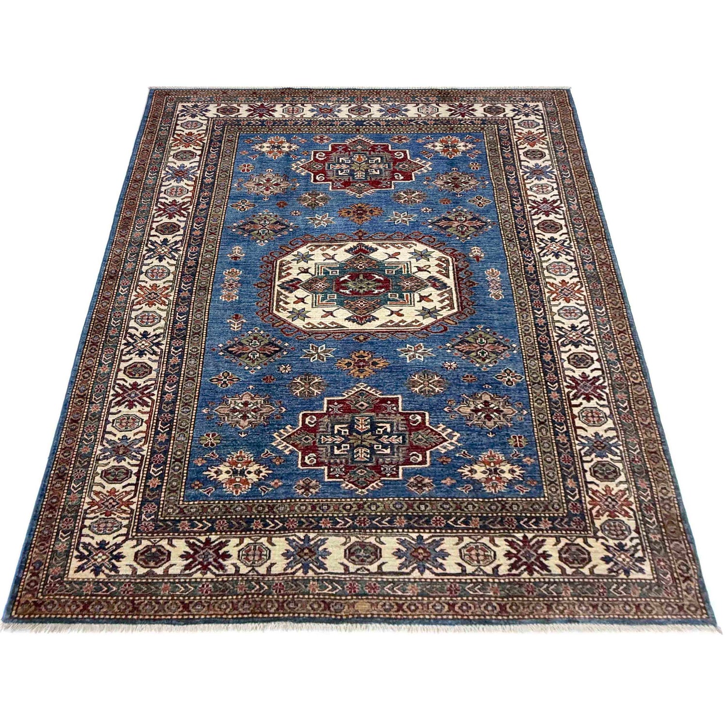 Kazak Rug Handmade Blue Medallion 5x8 ft