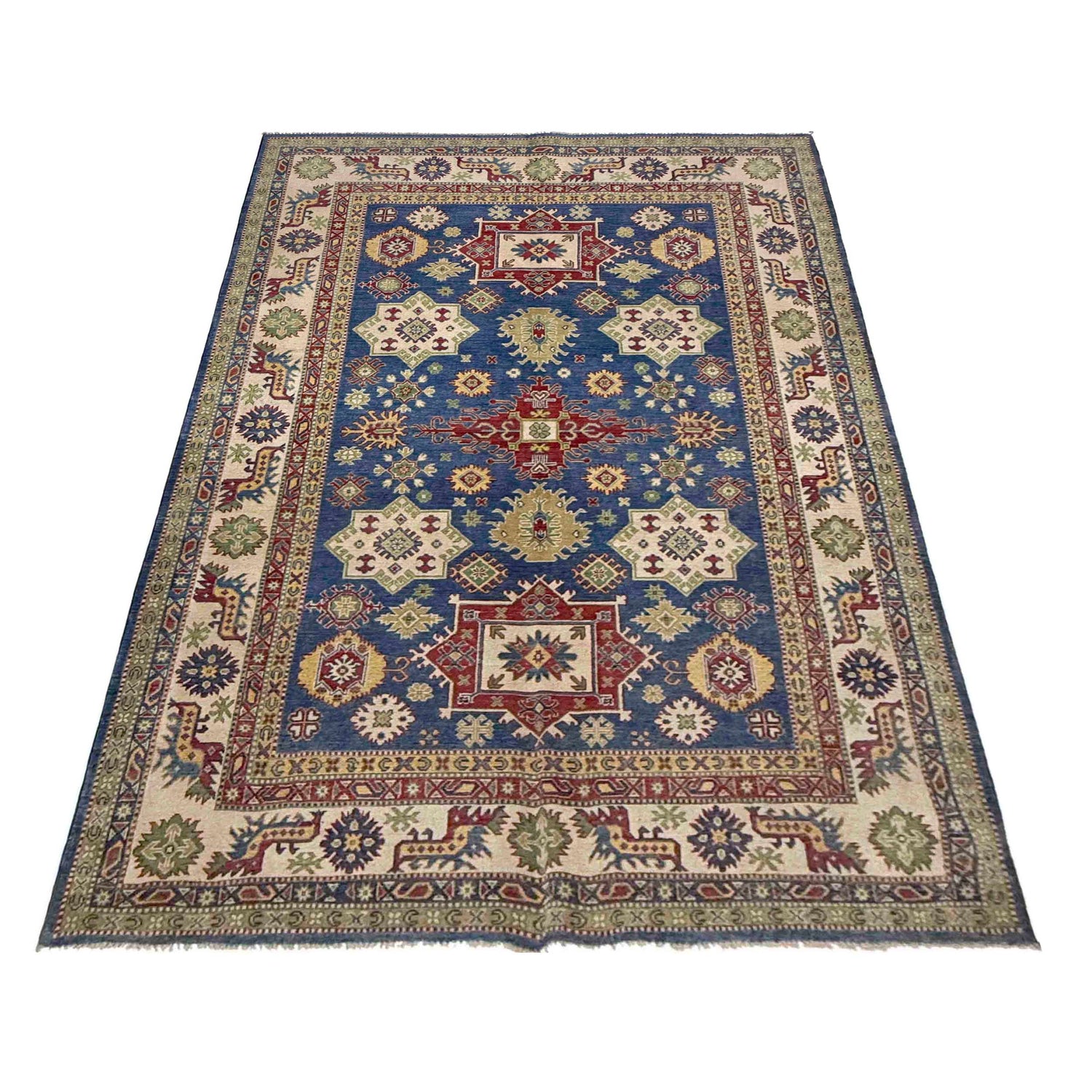 Kazak Rug Handmade Blue Medallion 7x10 ft