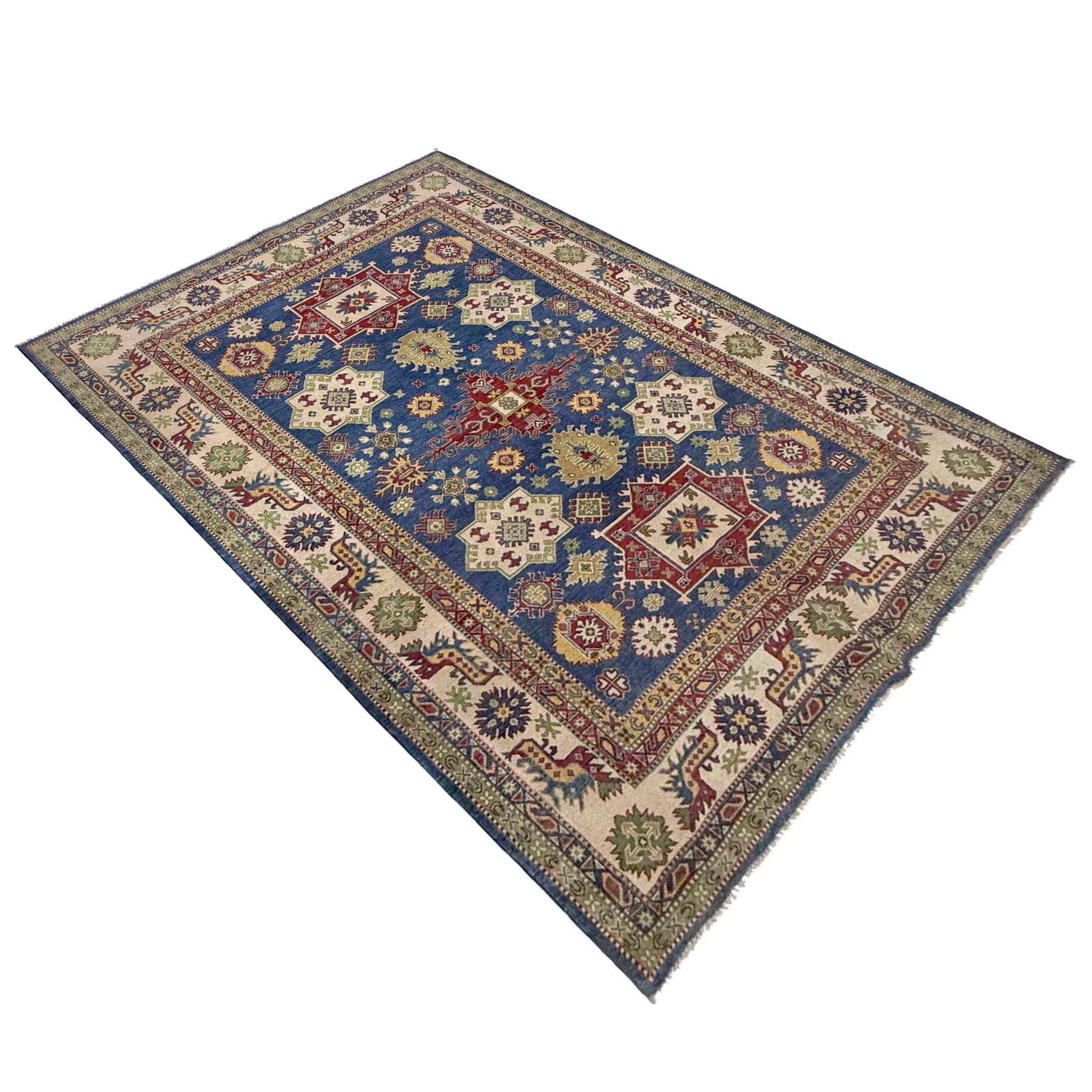 Kazak Rug Handmade Blue Medallion 7x10 ft