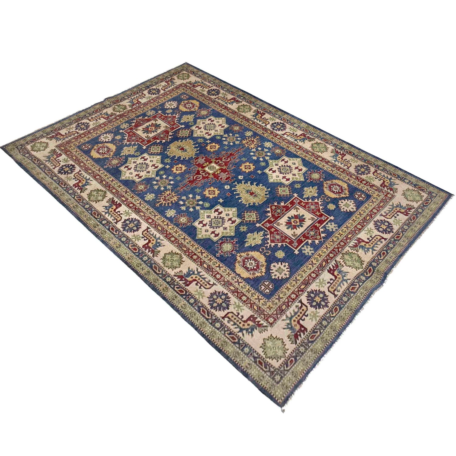 Kazak Rug Handmade Blue Medallion 7x10 ft