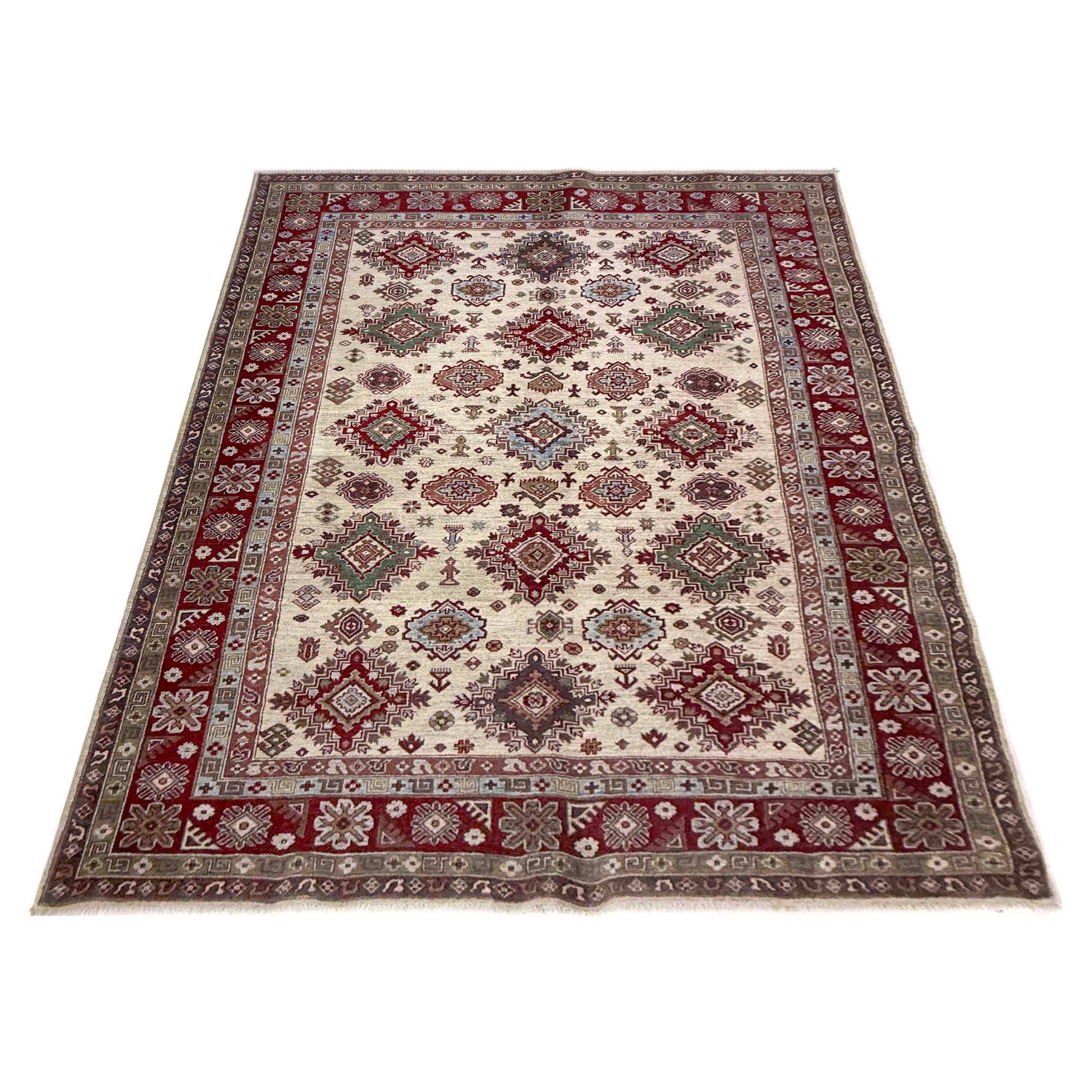 Kazak Rug Handmade Beige Medallion 7x10 ft